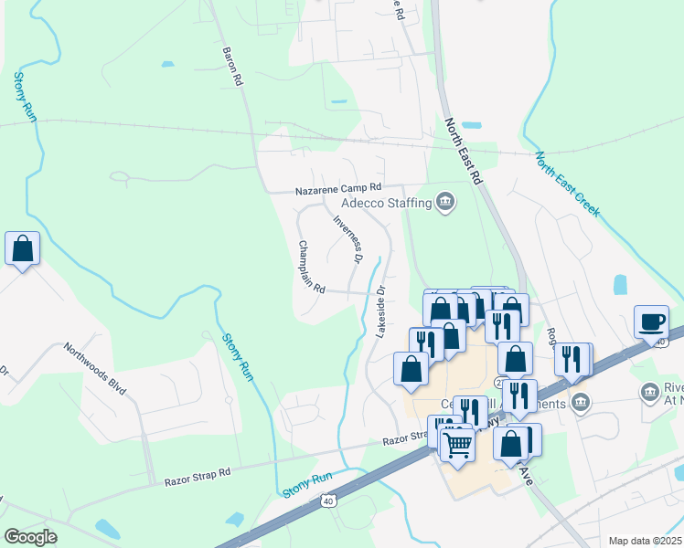 map of restaurants, bars, coffee shops, grocery stores, and more near 133 Inverness Dr in North East
