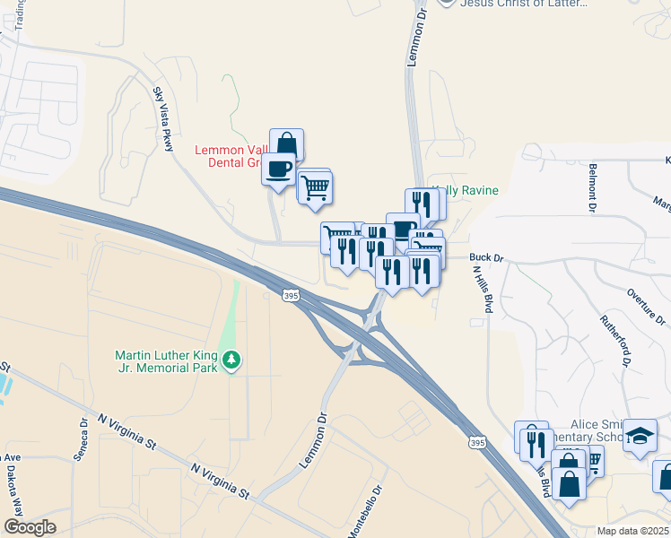 map of restaurants, bars, coffee shops, grocery stores, and more near 175 Lemmon Drive in Reno