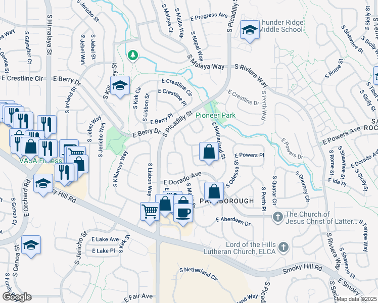 map of restaurants, bars, coffee shops, grocery stores, and more near 5627 South Nepal Way in Centennial