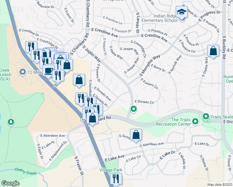 map of restaurants, bars, coffee shops, grocery stores, and more near 15667 East Powers Drive in Centennial