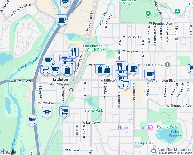 map of restaurants, bars, coffee shops, grocery stores, and more near 1901 West Littleton Boulevard in Littleton