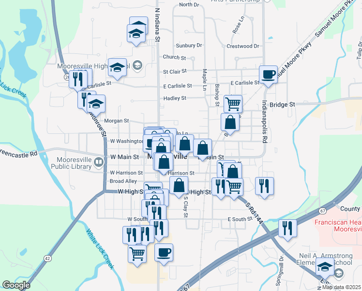map of restaurants, bars, coffee shops, grocery stores, and more near 53 East Washington Street in Mooresville