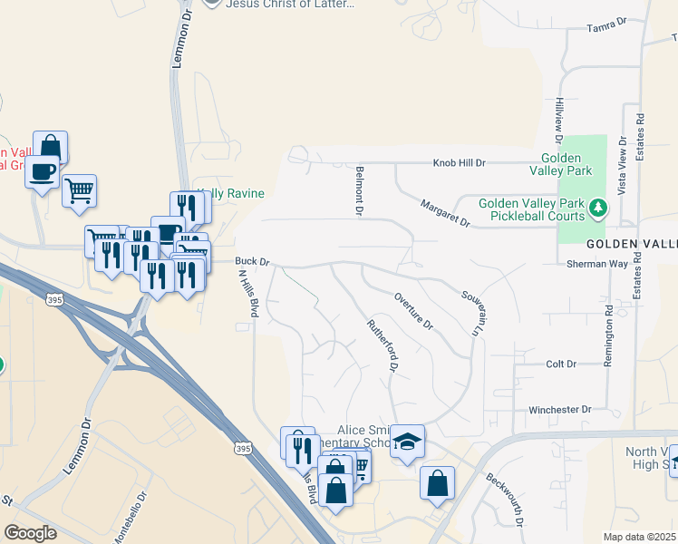 map of restaurants, bars, coffee shops, grocery stores, and more near 7384 Rutherford Drive in Reno