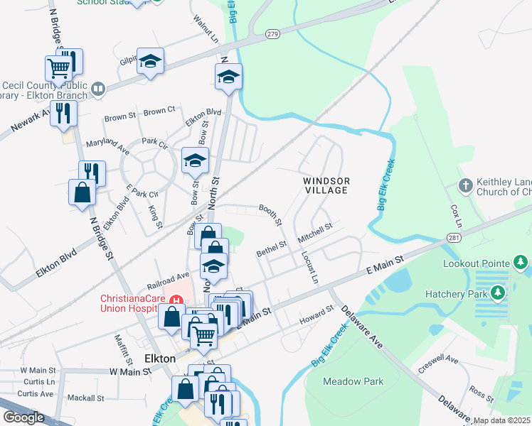 map of restaurants, bars, coffee shops, grocery stores, and more near 413 Booth Street in Elkton