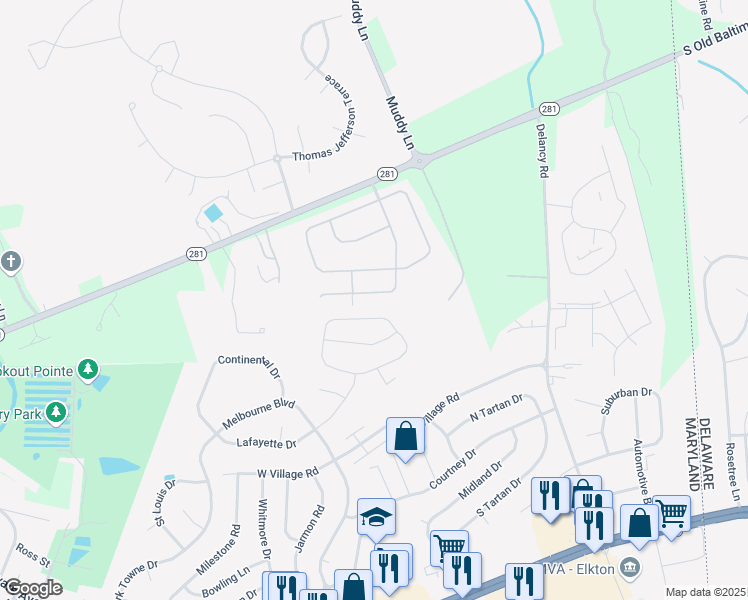 map of restaurants, bars, coffee shops, grocery stores, and more near 133 Cherry Tree Lane in Elkton