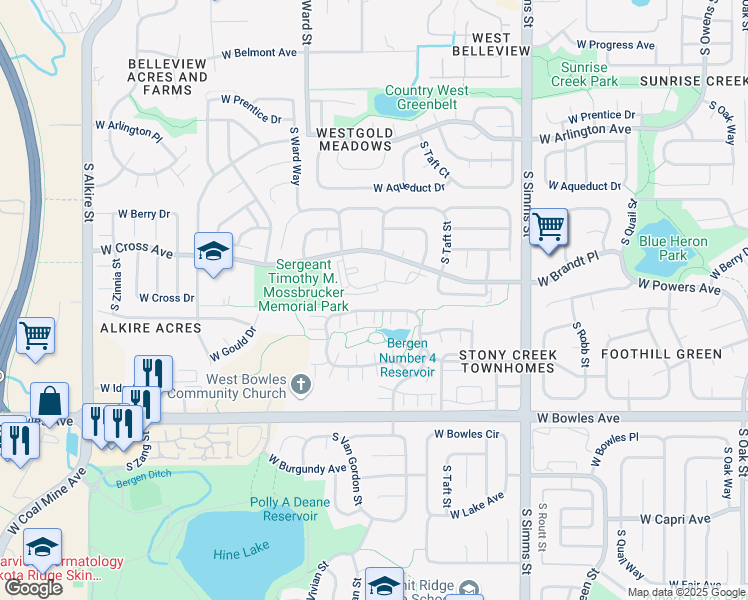 map of restaurants, bars, coffee shops, grocery stores, and more near 12158 West Dorado Place in Littleton