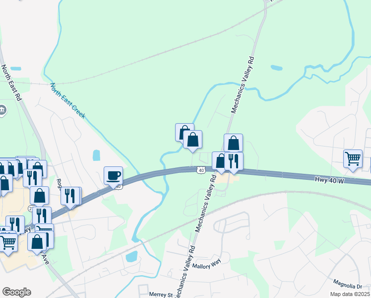 map of restaurants, bars, coffee shops, grocery stores, and more near 48 Flint Drive in North East
