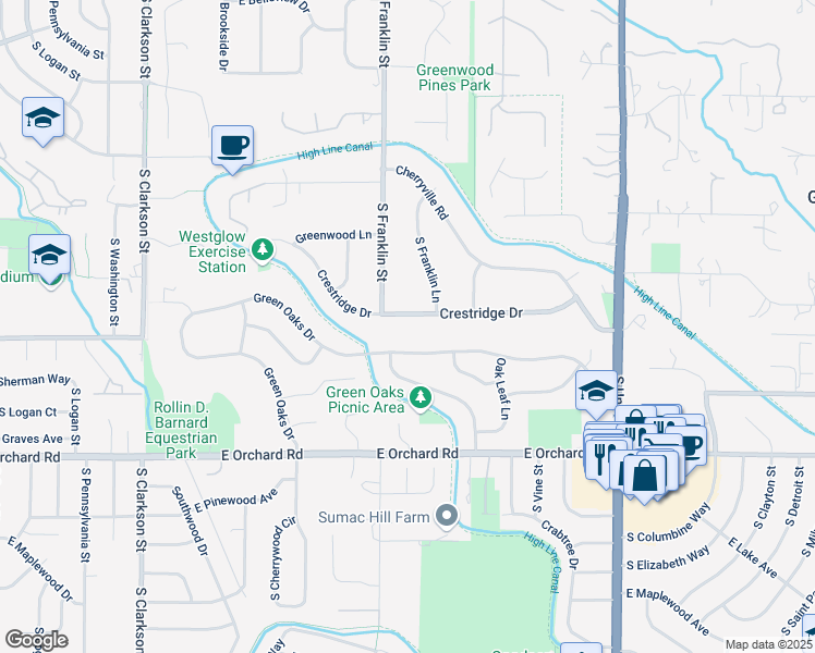 map of restaurants, bars, coffee shops, grocery stores, and more near 1662 Crestridge Drive in Greenwood Village