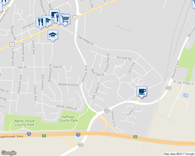 map of restaurants, bars, coffee shops, grocery stores, and more near 10854 Oak Valley Drive in Hagerstown