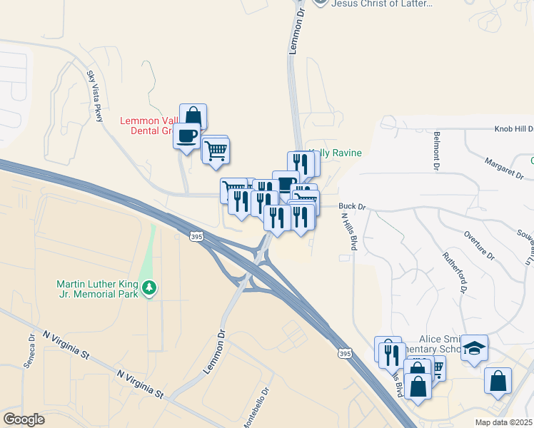 map of restaurants, bars, coffee shops, grocery stores, and more near 185 Lemmon Drive in Reno
