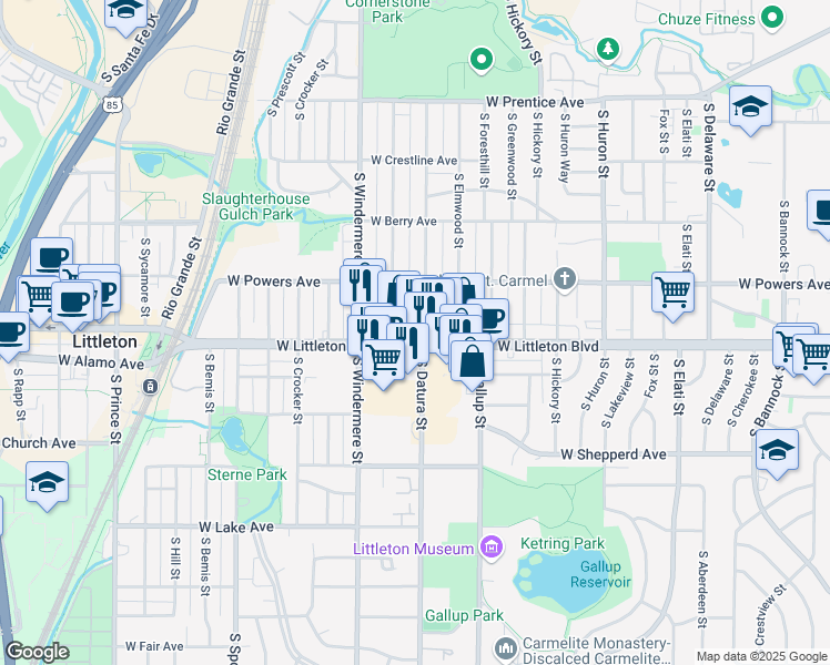 map of restaurants, bars, coffee shops, grocery stores, and more near 1409 West Littleton Boulevard in Littleton