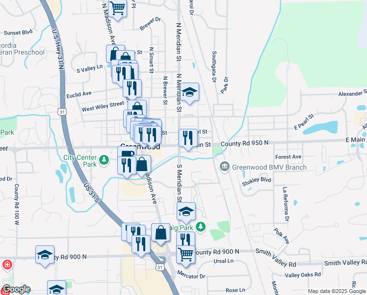 map of restaurants, bars, coffee shops, grocery stores, and more near 21 East Main Street in Greenwood