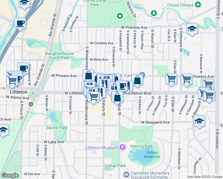 map of restaurants, bars, coffee shops, grocery stores, and more near 1309 West Littleton Boulevard in Littleton