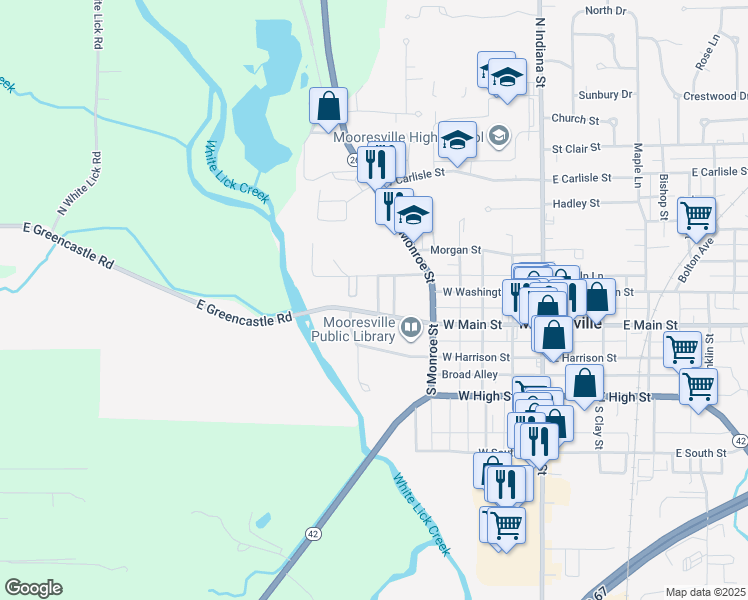 map of restaurants, bars, coffee shops, grocery stores, and more near 20 Commerce Drive in Mooresville