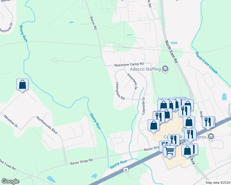 map of restaurants, bars, coffee shops, grocery stores, and more near 406 Champlain Road in North East