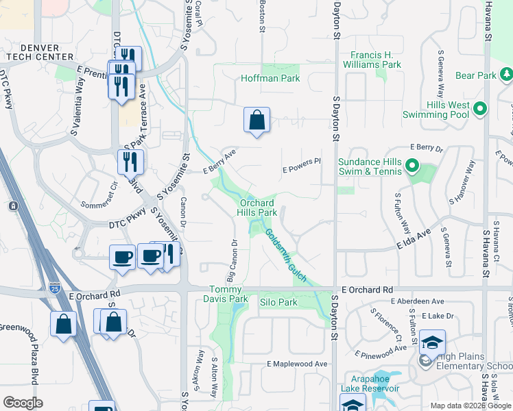map of restaurants, bars, coffee shops, grocery stores, and more near 9501 East Orchard Road in Greenwood Village