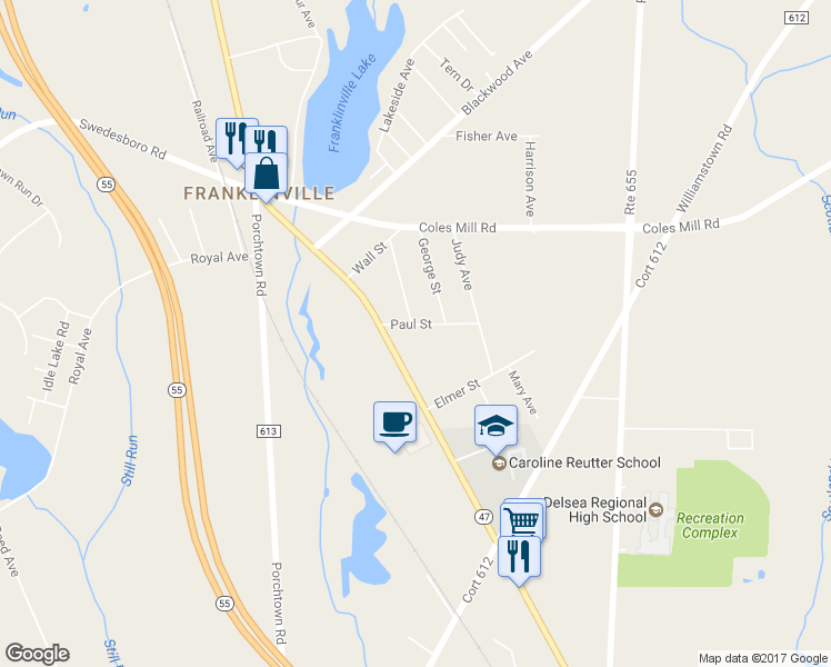 map of restaurants, bars, coffee shops, grocery stores, and more near 36 Paul Street in Franklin