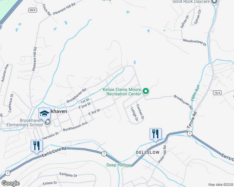 map of restaurants, bars, coffee shops, grocery stores, and more near 27 Westbrook Drive in Morgantown