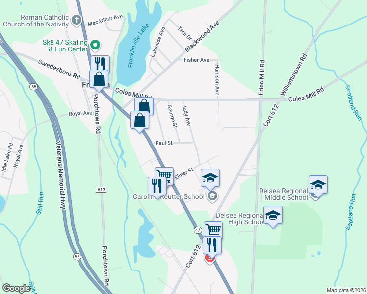 map of restaurants, bars, coffee shops, grocery stores, and more near 66 Paul Street in Franklin