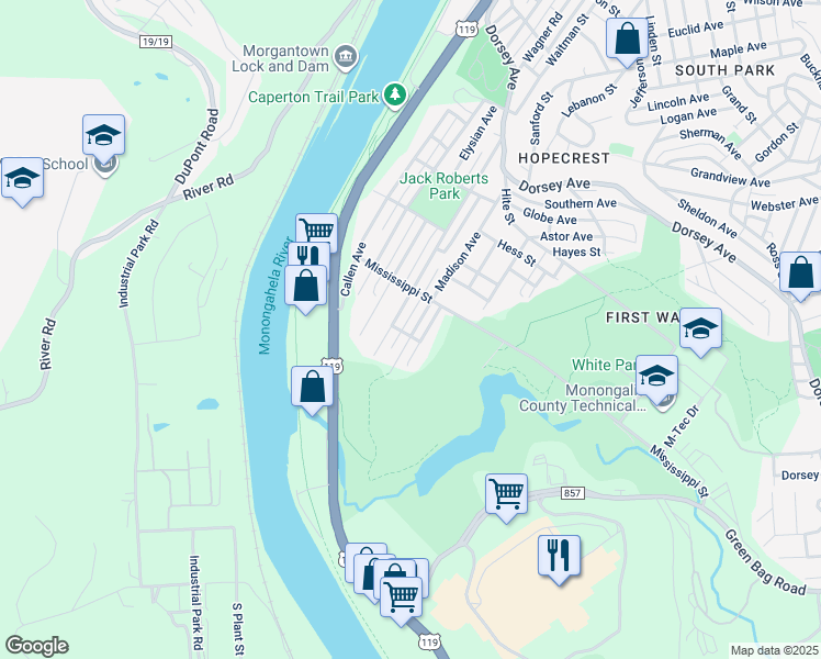 map of restaurants, bars, coffee shops, grocery stores, and more near 736 Madison Avenue in Morgantown