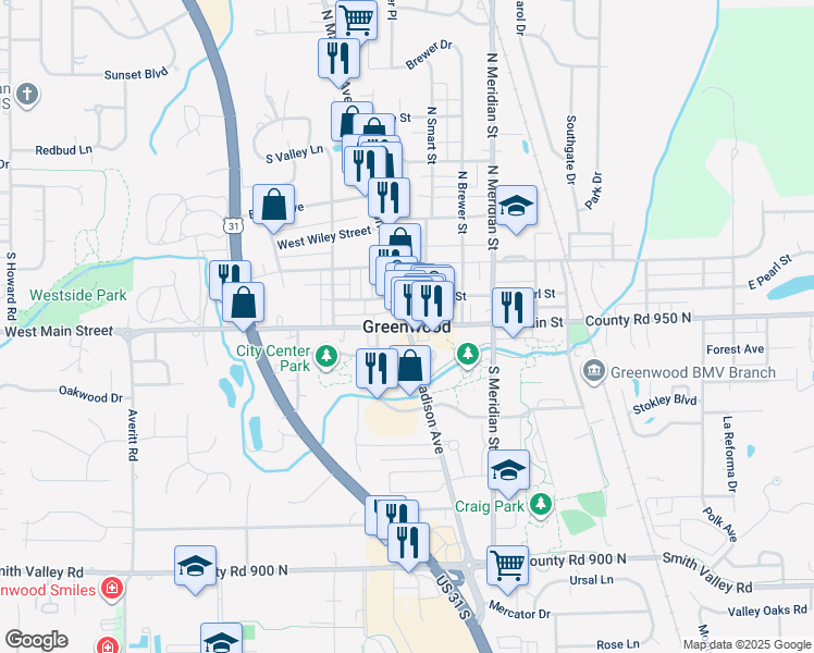 map of restaurants, bars, coffee shops, grocery stores, and more near in Greenwood