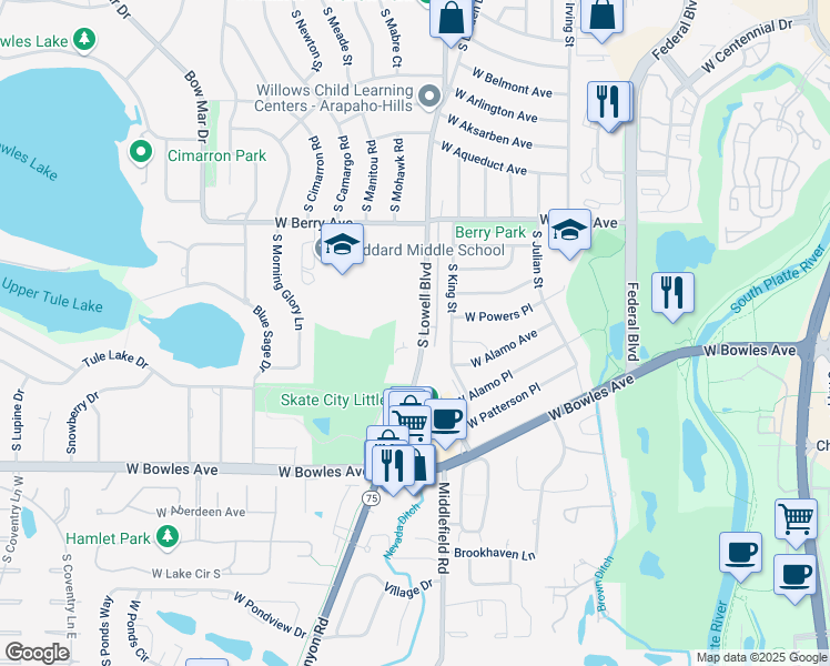 map of restaurants, bars, coffee shops, grocery stores, and more near 5805 South Lowell Boulevard in Littleton