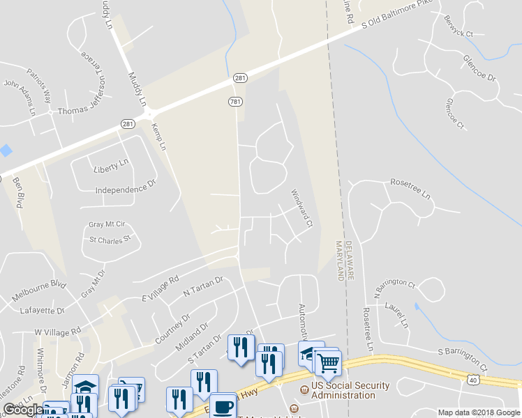 map of restaurants, bars, coffee shops, grocery stores, and more near 33 Thatch Court in Elkton