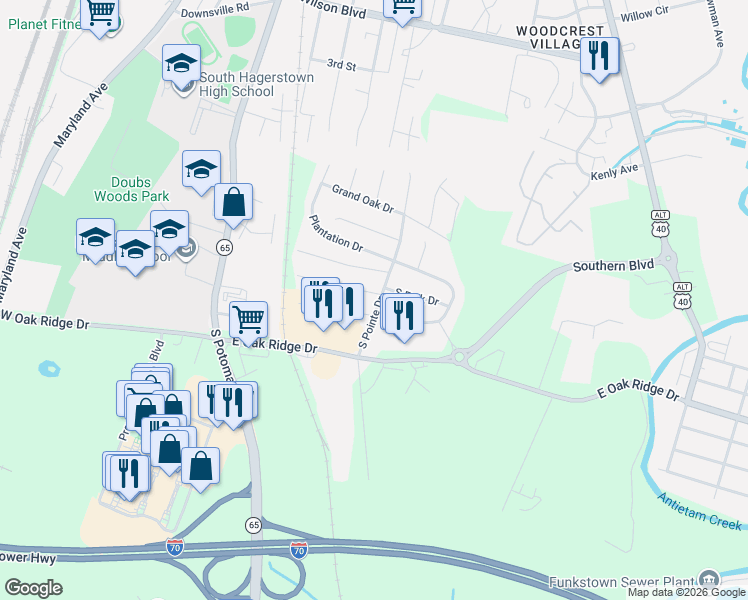 map of restaurants, bars, coffee shops, grocery stores, and more near 157 Buttercup Drive in Hagerstown