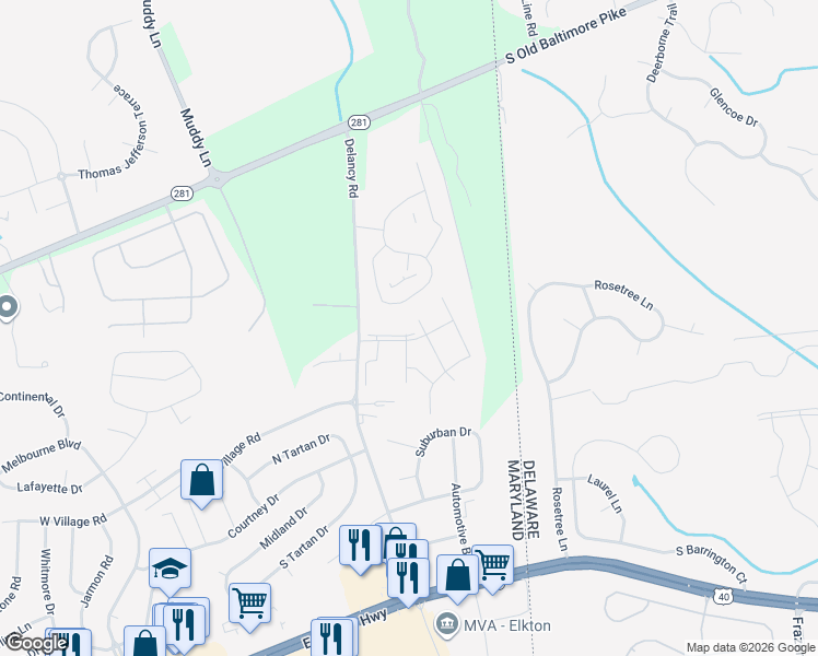 map of restaurants, bars, coffee shops, grocery stores, and more near 33 Thatch Court in Elkton
