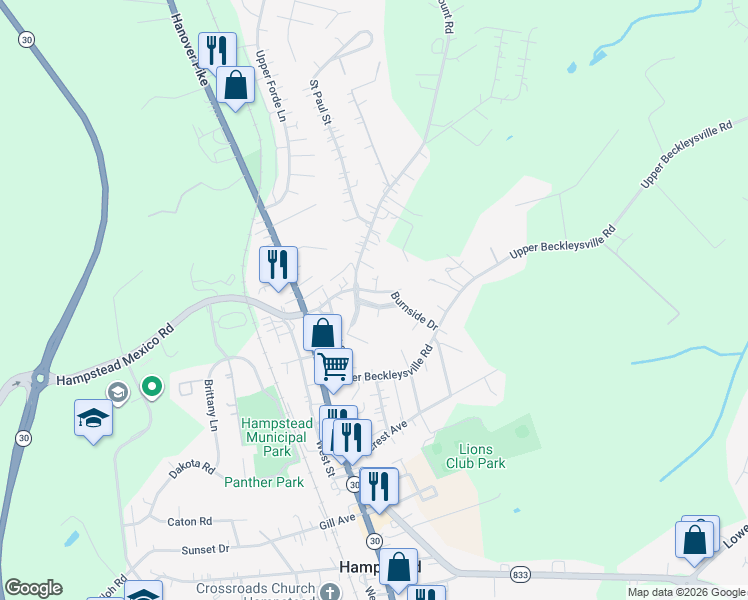 map of restaurants, bars, coffee shops, grocery stores, and more near 4112 Creswell Terrace in Hampstead