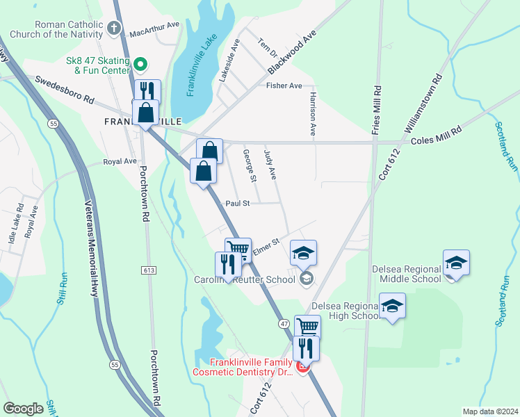 map of restaurants, bars, coffee shops, grocery stores, and more near 66 Paul Street in Franklin