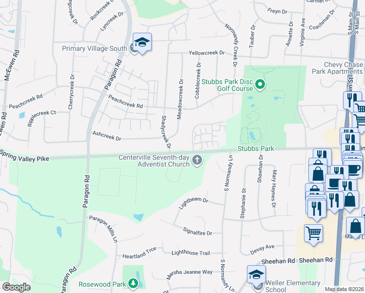 map of restaurants, bars, coffee shops, grocery stores, and more near 8899 Winston Farm Lane in Dayton