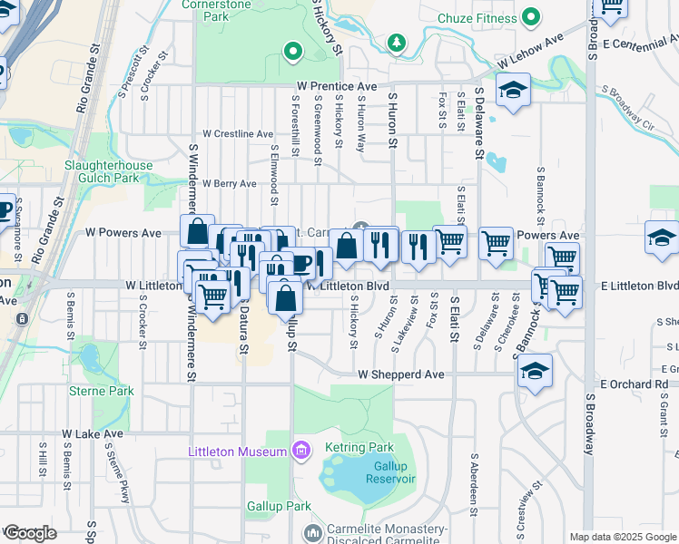 map of restaurants, bars, coffee shops, grocery stores, and more near 1059 West Littleton Boulevard in Littleton