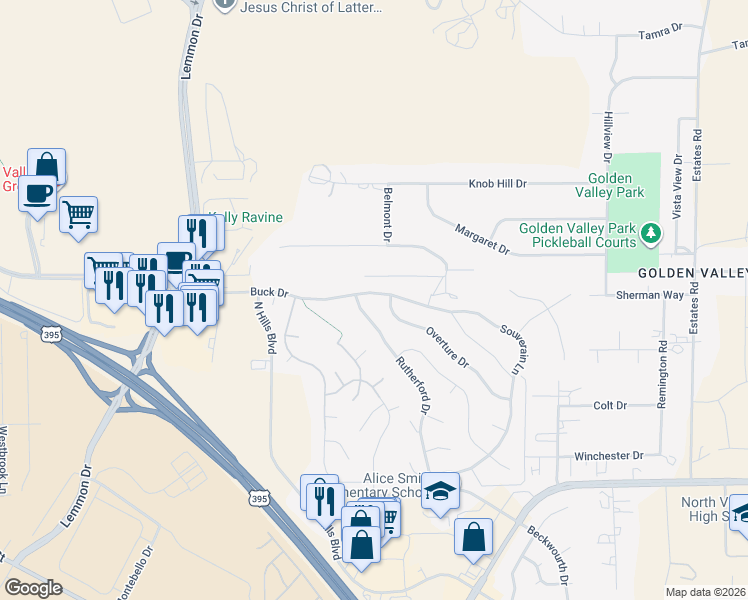 map of restaurants, bars, coffee shops, grocery stores, and more near 7384 Rutherford Drive in Reno