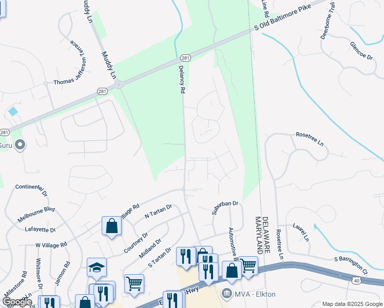 map of restaurants, bars, coffee shops, grocery stores, and more near 33 Thatch Court in Elkton