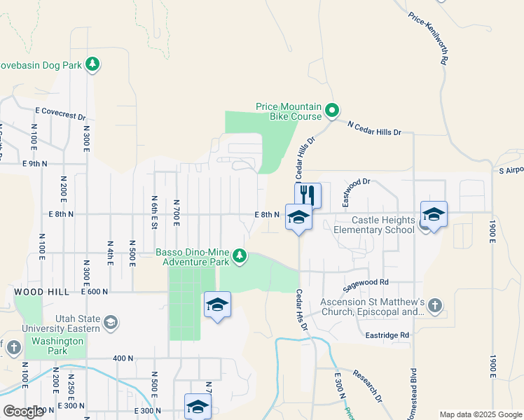 map of restaurants, bars, coffee shops, grocery stores, and more near 805 North 1100 East in Price