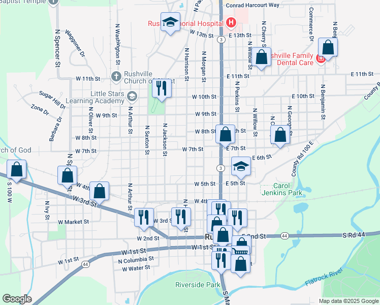 map of restaurants, bars, coffee shops, grocery stores, and more near 622 North Harrison Street in Rushville