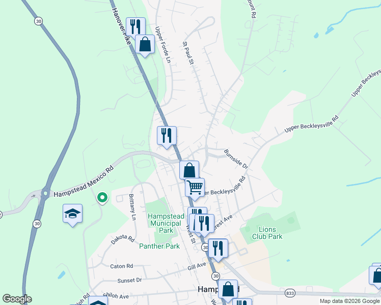 map of restaurants, bars, coffee shops, grocery stores, and more near 1408 Fairmount Road in Hampstead