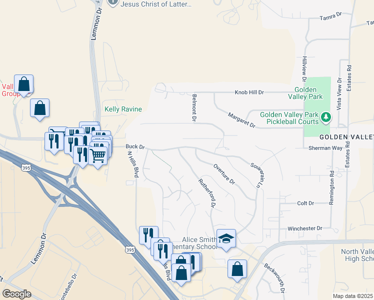 map of restaurants, bars, coffee shops, grocery stores, and more near 7384 Rutherford Drive in Reno