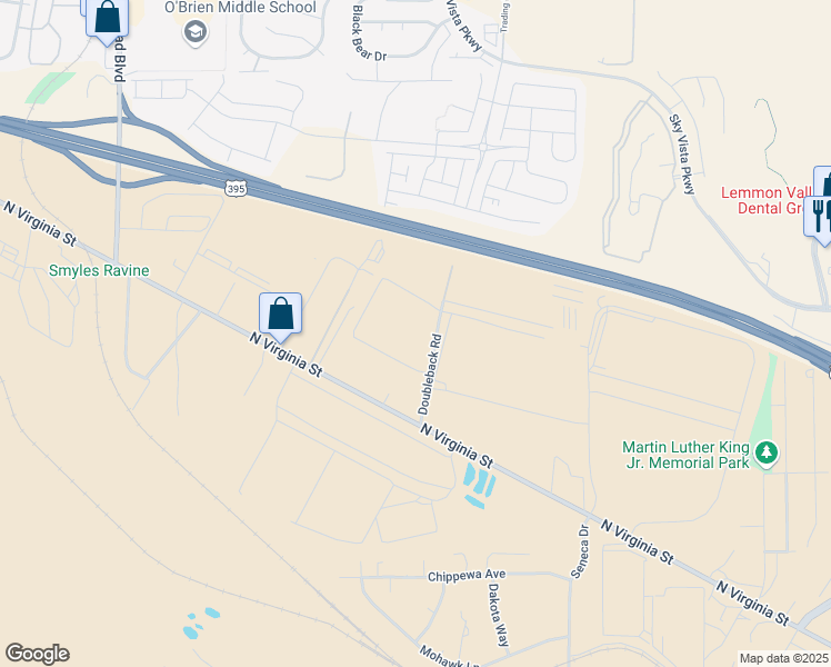 map of restaurants, bars, coffee shops, grocery stores, and more near 9560 North Virginia Street in Reno