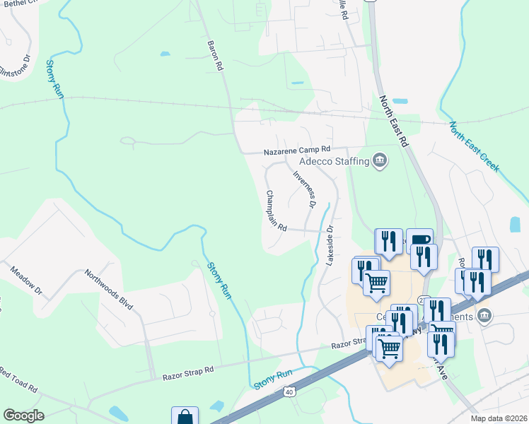 map of restaurants, bars, coffee shops, grocery stores, and more near 406 Champlain Road in North East