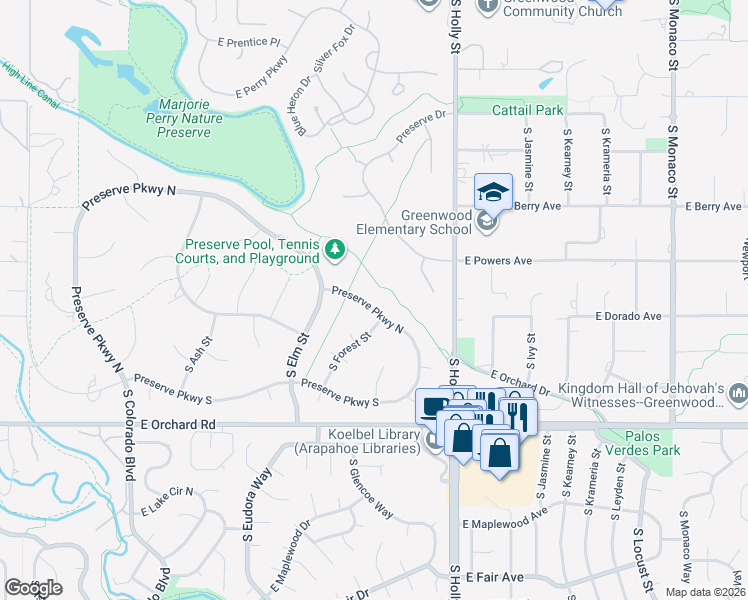 map of restaurants, bars, coffee shops, grocery stores, and more near 5160 Preserve Parkway North in Greenwood Village