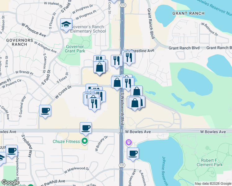 map of restaurants, bars, coffee shops, grocery stores, and more near 5609 S Wadsworth Blvd in Littleton