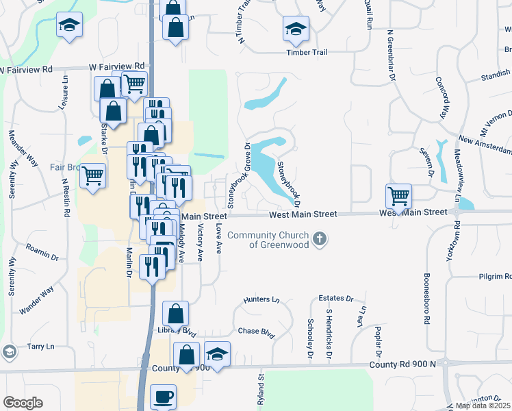map of restaurants, bars, coffee shops, grocery stores, and more near Coral Bay Cove in Greenwood
