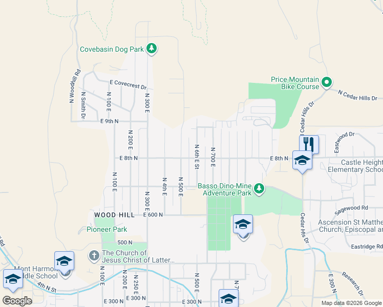 map of restaurants, bars, coffee shops, grocery stores, and more near 520 East 8th North in Price