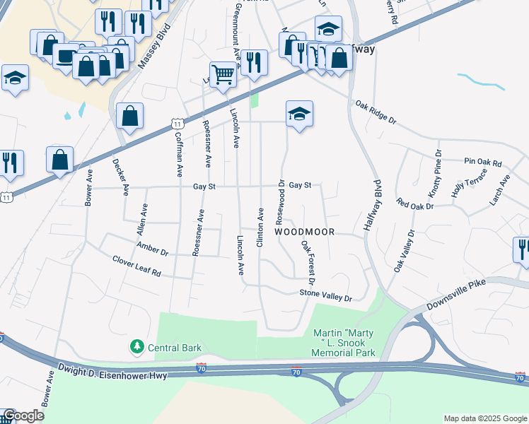 map of restaurants, bars, coffee shops, grocery stores, and more near 10911 Clinton Avenue in Hagerstown