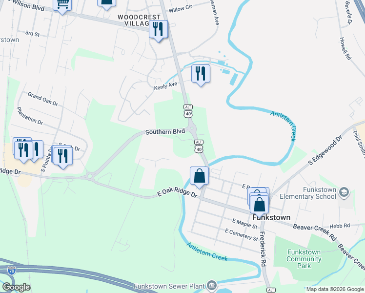 map of restaurants, bars, coffee shops, grocery stores, and more near 1251 Frederick Street in Hagerstown