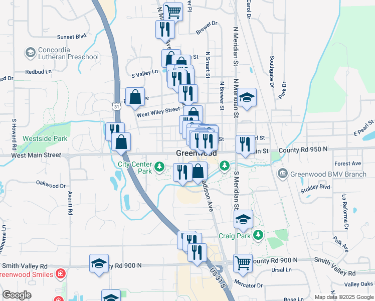 map of restaurants, bars, coffee shops, grocery stores, and more near 330 West Main Street in Greenwood