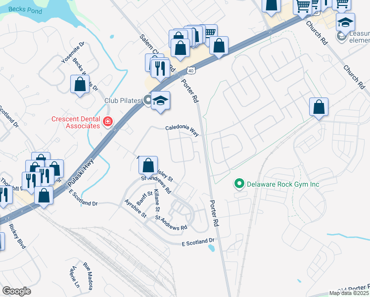 map of restaurants, bars, coffee shops, grocery stores, and more near 254 Cardiff Way in Bear