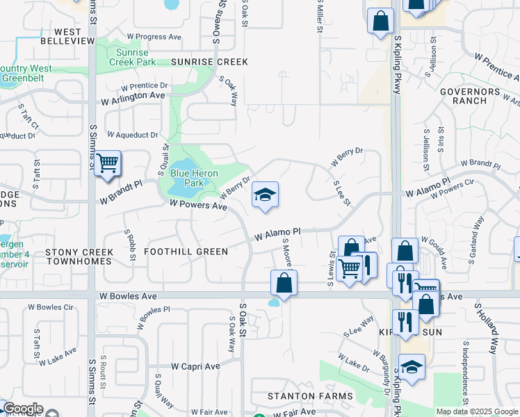 map of restaurants, bars, coffee shops, grocery stores, and more near 10785 West Alamo Place in Littleton